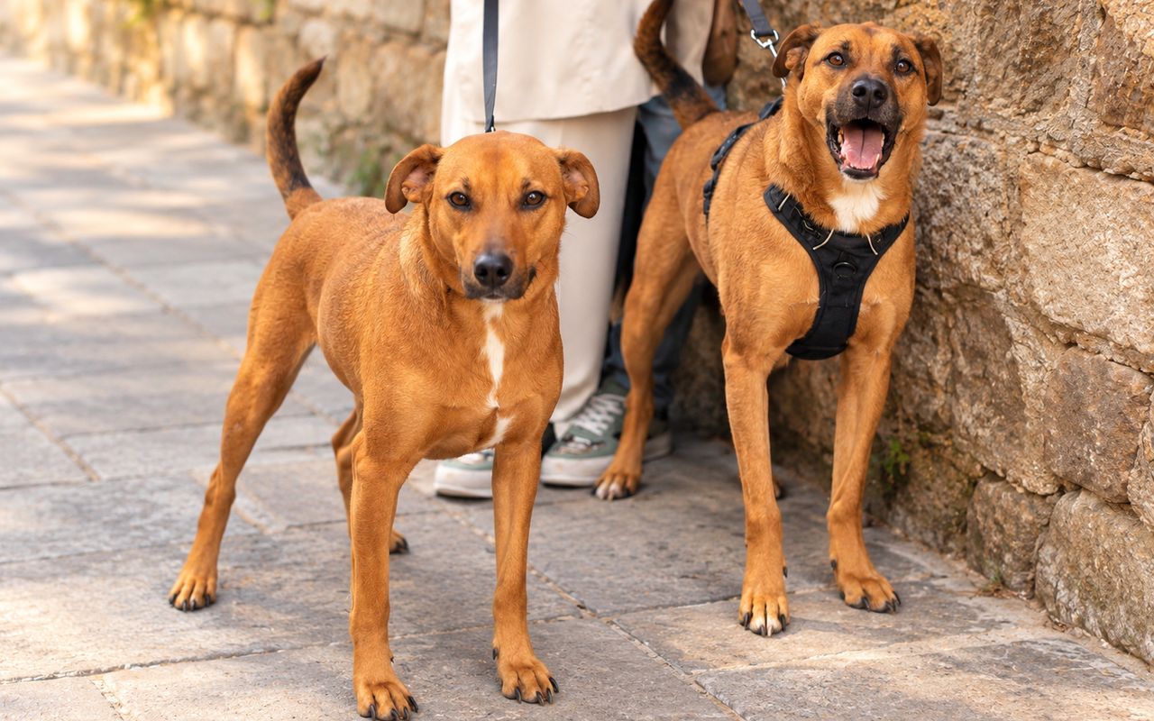 Dos perros de paseo junto a un muro de piedra