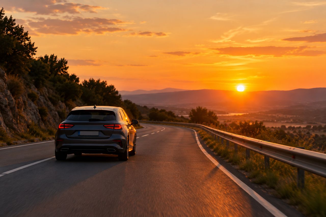 Coche circulando por una carretera al atardecer
